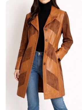 Gorgeous vintage 70s Chevron brown leather suede patchwork panel trenchcoat XS/S
